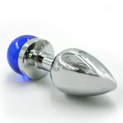 Маленькая алюминиевая анальная пробка Kanikule Small с украшением на основании – серебристый с голубым