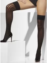 Чулки на резинке в вертикальную полоску (Fever) – черный