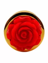 Золотая анальная пробка с ограничителем в форме красной розы, размер M, Kanikule