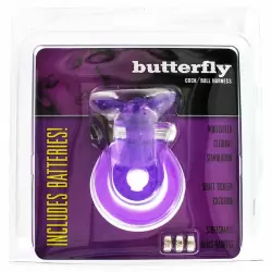Эрекцонное виброкольцо Butterfly Cock/Ball Harness с петлей на мошонку и клиторальным стимулятором в виде бабочки – фиолетовый