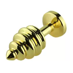Маленькая анальная пробка Plug Gold ребристая с кристаллом – золотистый/красный