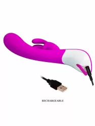 Изогнутый вибратор-кролик Harlan  G-spot, с ушками, 7 режимов, 22 см, силикон, розовый с белым