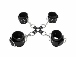 Наручники и наножники из пвх с металлическими кольцами Leather Hand And Legcuffs Black
