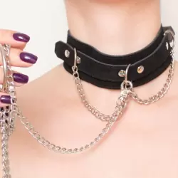 Ошейник из натуральной замши Kenzi Neck с металлическим поводком - черный