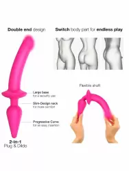 Реалистичный фаллоимитатор Strap-On-Me Switch Plug-In Semi-Realistic, двусторонний, с анальной пробкой, размер S, фуксия