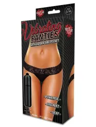 Кружевные трусики-тонг с вибрацией – черный, S/M