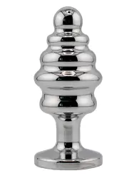 Серебряная ребристая анальная пробка с темно-синим кристаллом (Medium)