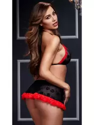 Комплект женского белья: бюстгальтер и юбочка - черный с красным