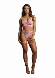 Эротический комплект из бра и высокими трусиками с гартерами и наклейкой. - O/S