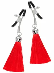 Зажимы на соски Pecado BDSM, «Прищепки», с кисточками из шелка, металл, красные