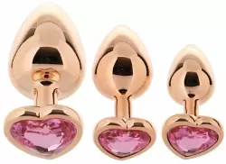 Алюминиевая анальная пробка Kanikule Pink Heart с розовым кристаллом в форме сердца, 7 см х 3,4 см, розовое золото, Medium