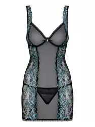 Черная полупрозрачная сорочка с голубым кружевом по бокам и стринги Amanta (Obsessive) – S/M