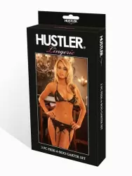 Кружевной комплект с эротичными разрезами Hustler Lingerie: лиф, трусики, пояс с подвязками – черный