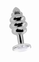 Ребристая серебряная анальная пробка с бриллиантовым кристаллом - 3,5 см.