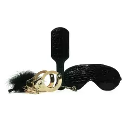 Набор Beginner's Fantasy Kit из наручников, пуховки, маски и шлепалки – черный с золотом	
