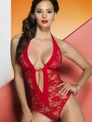 Красное кружевное боди с глубоким вырезом Avanua Rayen – S/M