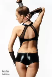 Глянцевый черный комплект из сексуального боди и перчаток Demoniq Isabelle – L/XL