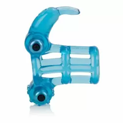 Вибронасадка на пенис Basic Essentials Double Trouble с стимулятором клитора и мошонки - голубой