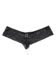 Трусики-тонг Coquette с жемчужной нитью – черный, Queen Size