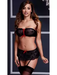Оригинальный комплект женского белья: бюстгальтер со шнуровкой и юбочка - черный с красным