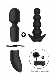 Набор для пар Shots Pleasure Kit #3 чёрный: 2 насадки, маска на глаза, пуховка