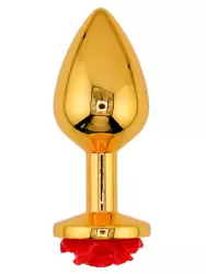 Золотая анальная пробка с ограничителем в форме красной розы, размер M, Kanikule
