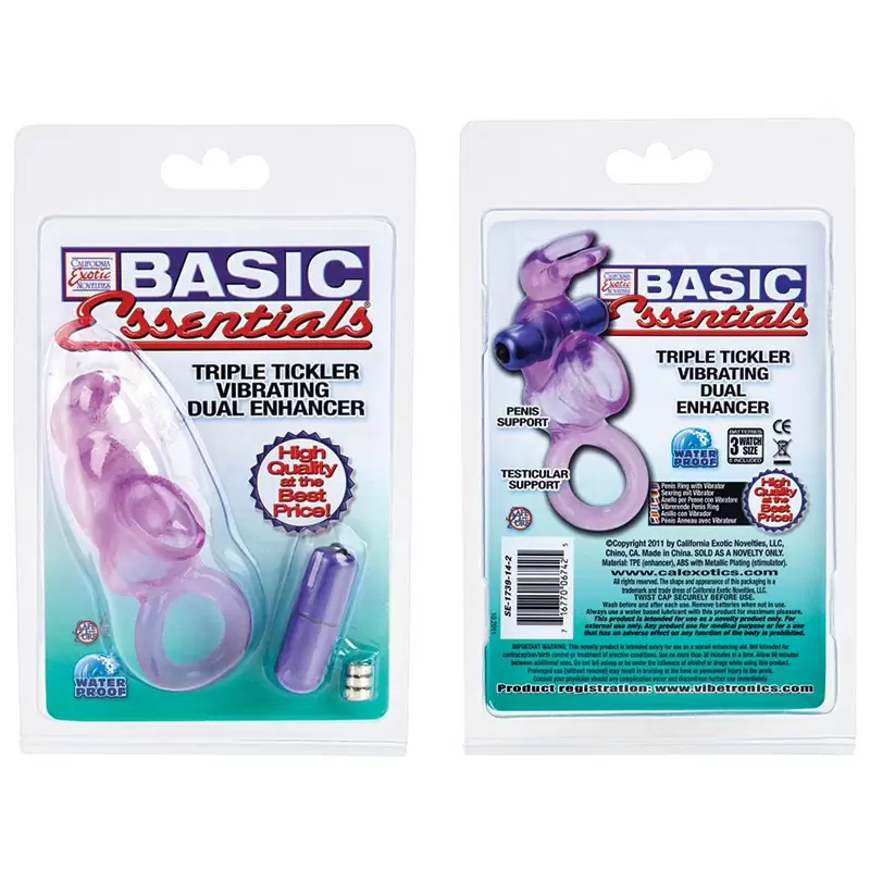 Кольцо Basic Essential Triple Tickler с вибрацией и петлей на мошонку – фиолетовый