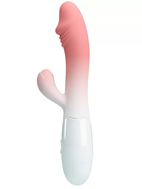 Ребристый вибратор-кролик Baile Snappy, 19 см, 30 режимов, силикон, белый с розовым