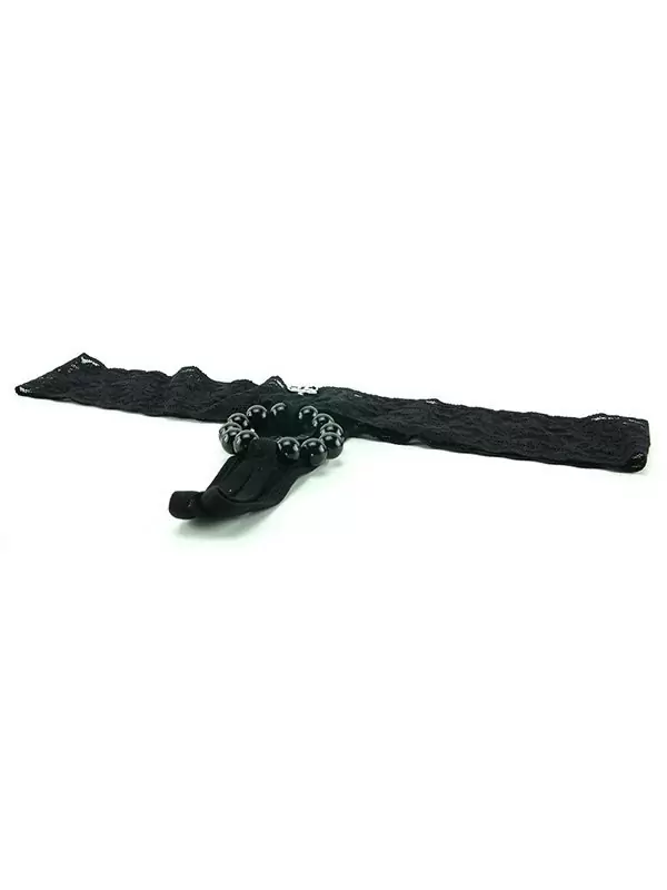 Кружевные трусики-тонг с бусинками – черный, S/M