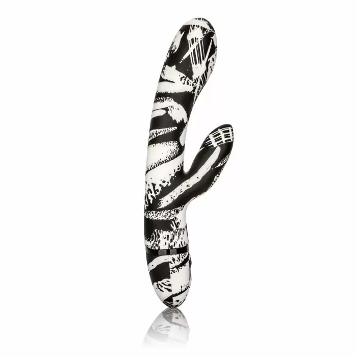Пёстрый вибромассажёр с клиторальным стимулятором Calexotics Hype™ Dual Wand – чёрный, белый