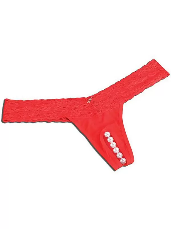Трусики-тонг с жемчужной нитью – красный, S/M