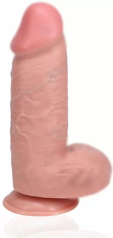 Реалистичный фаллоимитатор Shots Toys Extra Thick Straight with Balls с мошонкой, на присоске, с набухшими венами, 20,3 см х 6,6 см, ПВХ, телесный