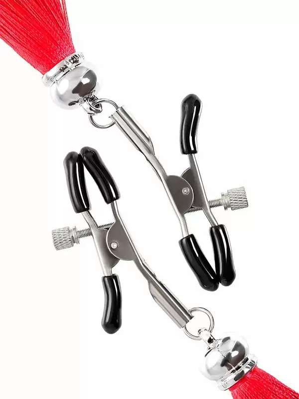 Зажимы на соски «Прищепки» Pecado BDSM — красные, с кисточками из шелка, металл