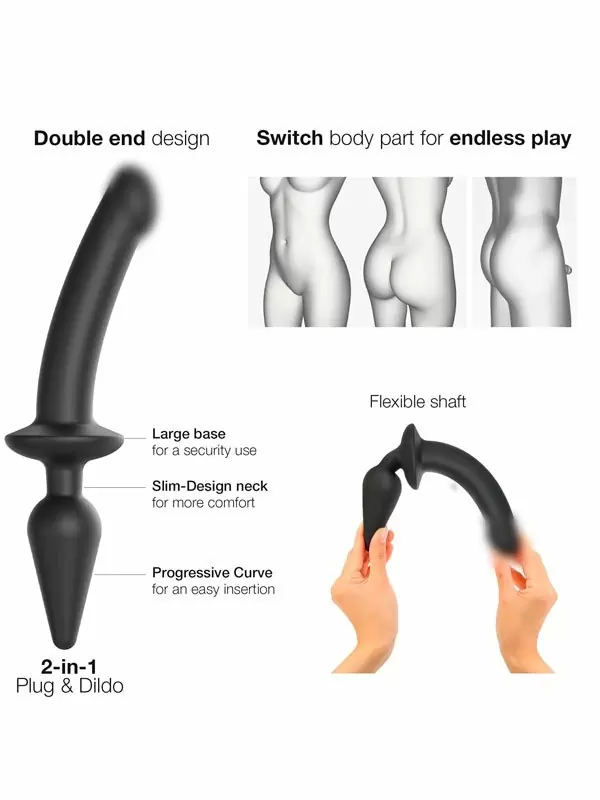 Реалистичный фаллоимитатор Strap-On-Me Switch Plug-In Semi-Realistic, двусторонний, с анальной пробкой, размер L, черный