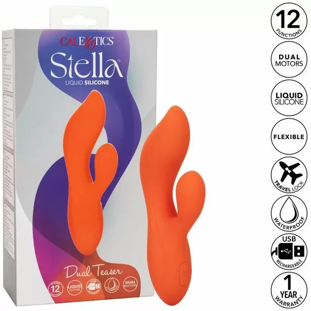 Изогнутый вибратор-кролик Stella Liquid Silicone Dual Teaser, 15,2 см, 12 режимов, оранжевый