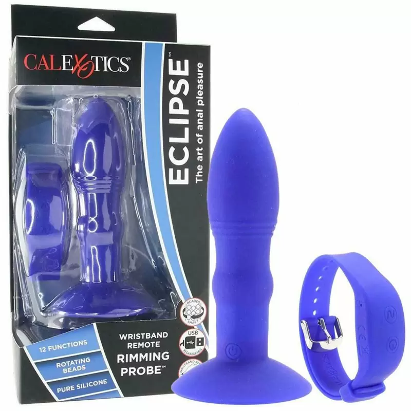 Компактная анальная вибропробка Eclipse, с ротацией, 14 см, силикон, синий 