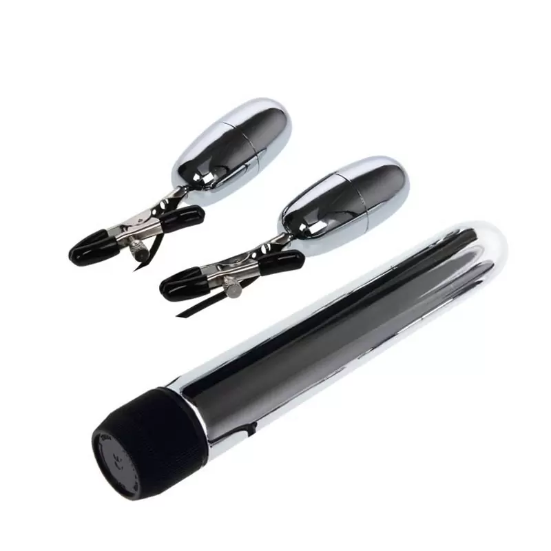 Набор для пар NippleClamps: классический вибратор и зажимы для сосков с вибрацией – серебристый с черным