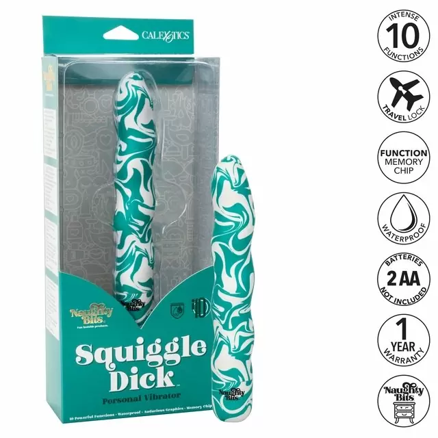 Рельефный вибратор NAUGHTY BITS SQUIGGLE DICK, 15,2 см, 10 режимов, зеленый с белым