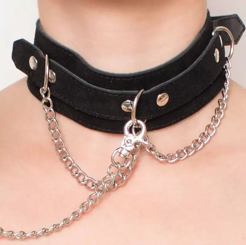 Ошейник из натуральной замши Kenzi Neck с металлическим поводком - черный