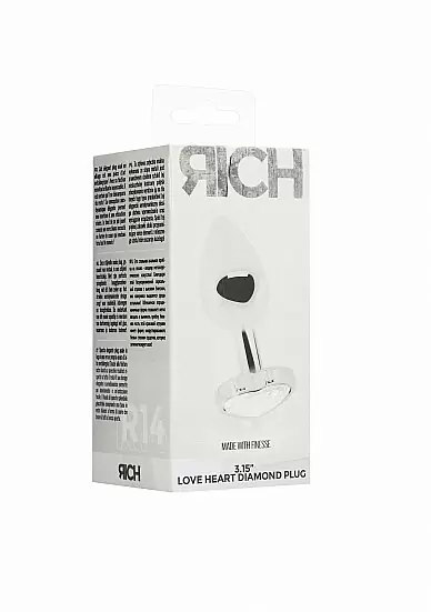 Серебряная анальная пробка с бриллиантовым кристаллом в форме сердца - 3,4 см.