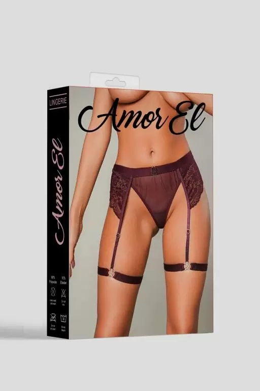 Женские трусики с поясом и гартерами, Amor El, S/M, темные красно-пурпурные