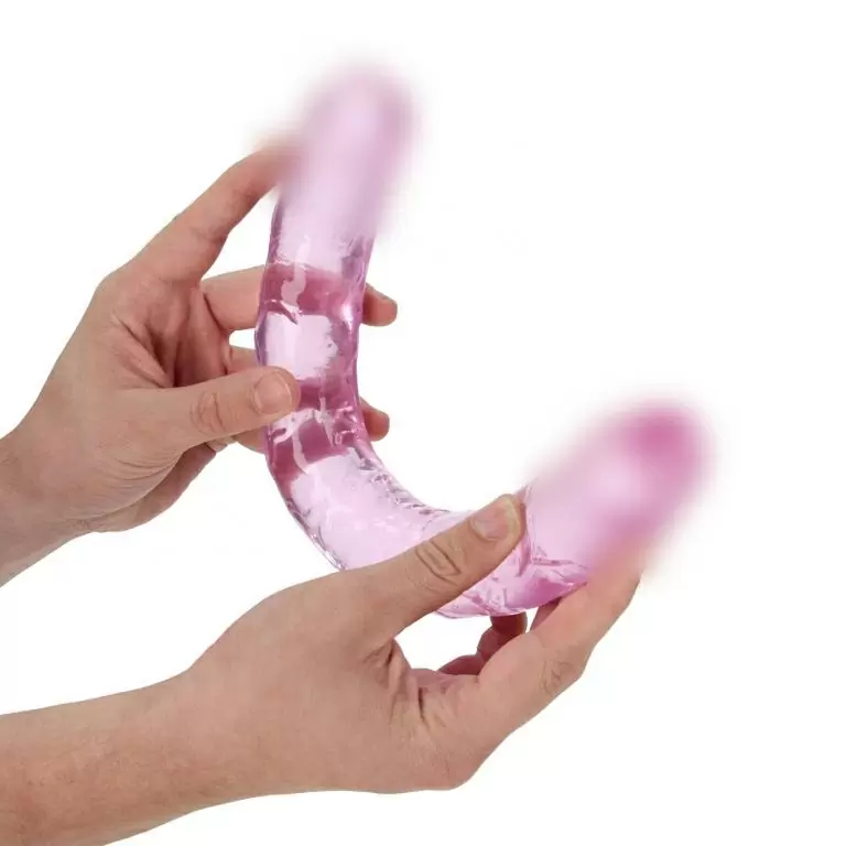 Реалистичный фаллоимитатор Shots toys, 34 см, двусторонний, прозрачный розовый