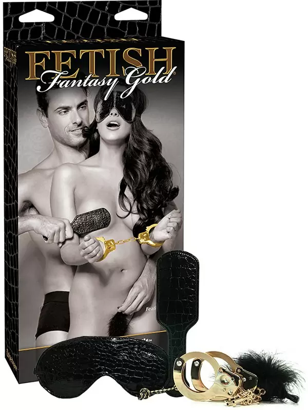 Набор Beginner's Fantasy Kit из наручников, пуховки, маски и шлепалки – черный с золотом	