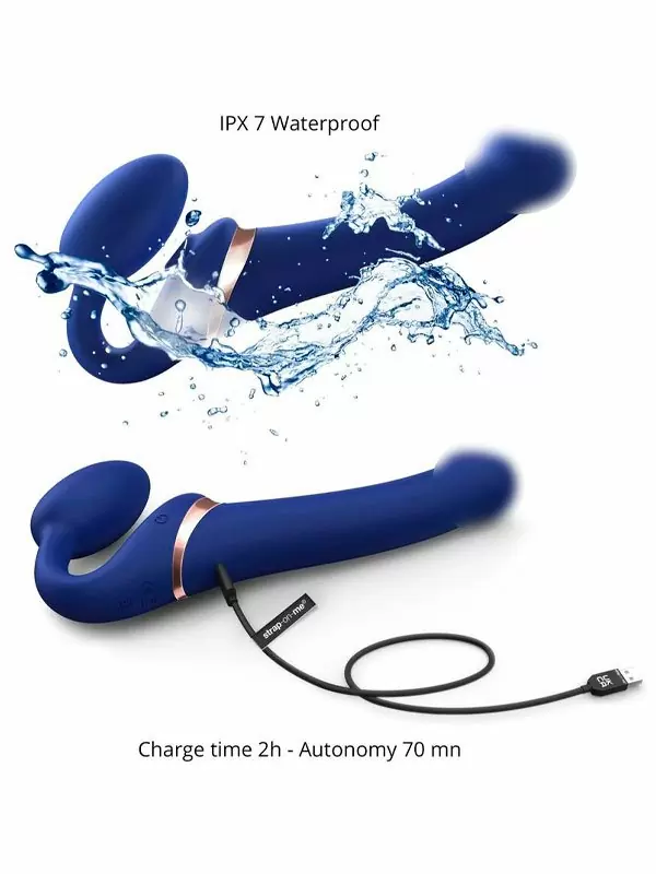 Анатомический страпон Strap-On-Me Multi Orgasm с 3 моторами, безремневой, размер XL, синий