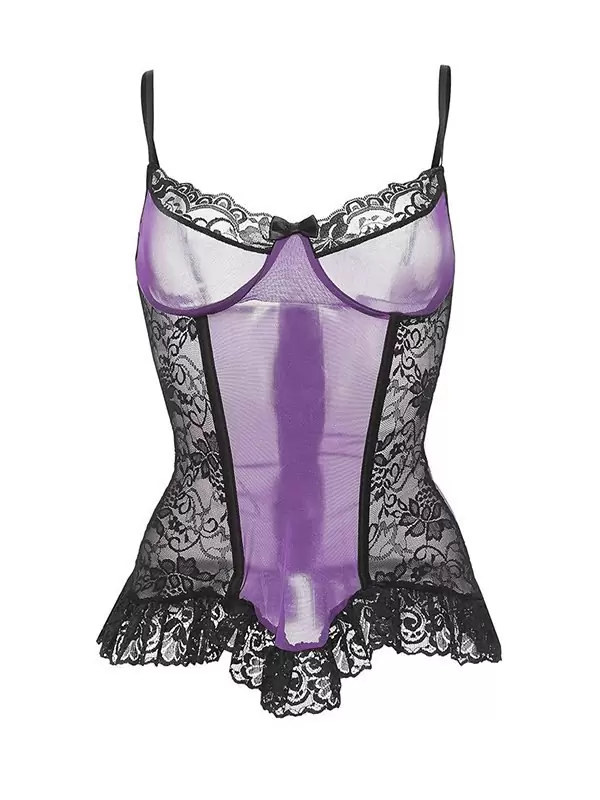 Игривое фиолетовое бюстье с черным кружевом и оборками Coquette – L