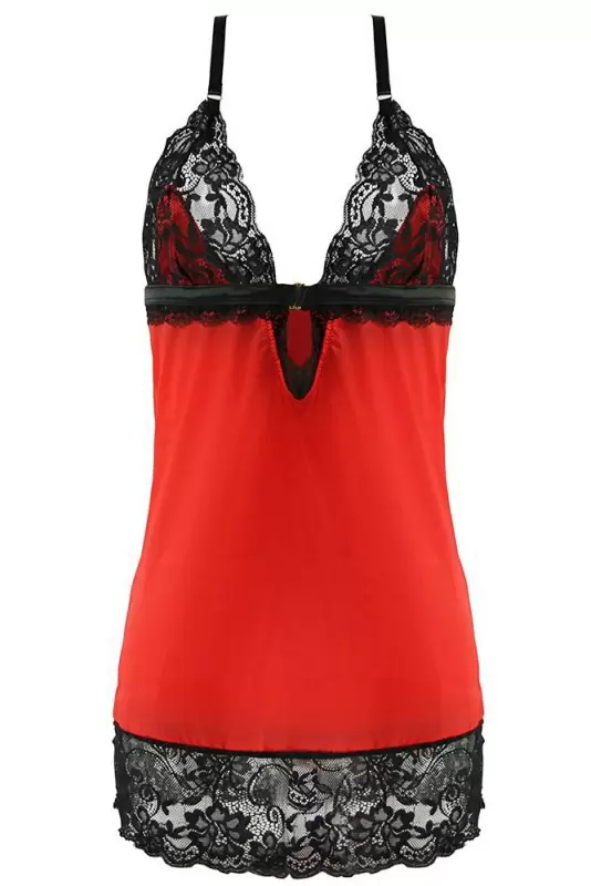 Красная сорочка с элементами из черного кружева и трусики Baci White Label – M/L