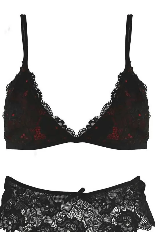 Черно-красный кружевной комплект с бюстгальтером, трусиками и поясом для чулок Baci White Label – M/L