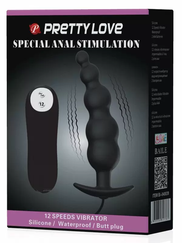 Рельефная анальная виброелочка Pretty Love, 12 см, 12 режимов, с проводным пультом, черный