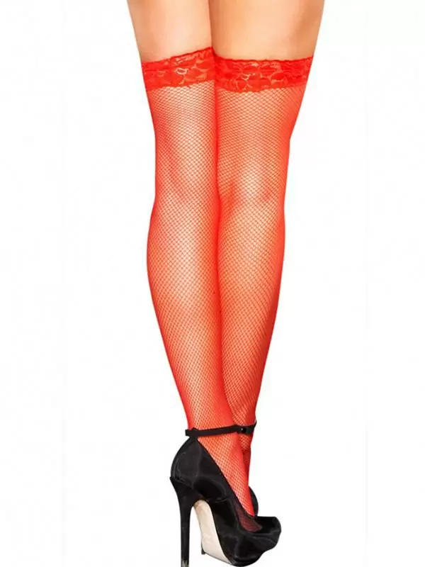 Чулки в мелкую сетку Poison с кружевной резинкой – красный