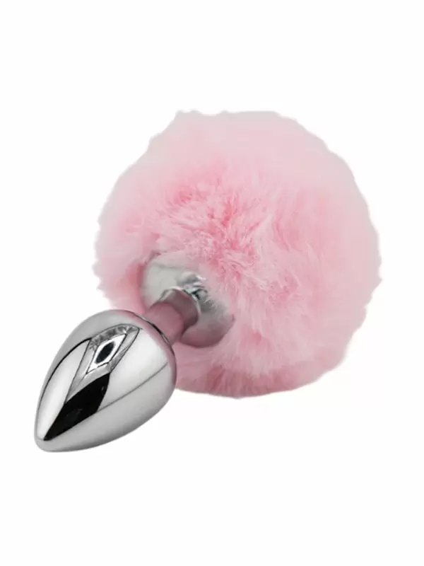 Серебристая анальная пробка с розовым заячьим хвостиком (Small) Kanikule